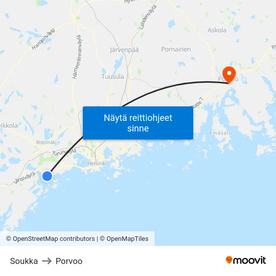 Soukka to Porvoo map