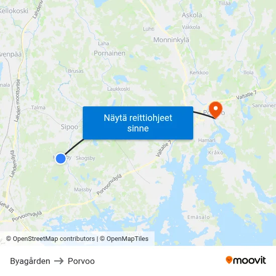 Byagården to Porvoo map