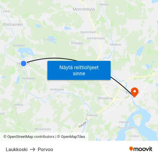 Laukkoski to Porvoo map