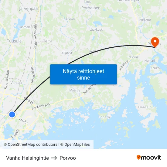 Vanha Helsingintie to Porvoo map