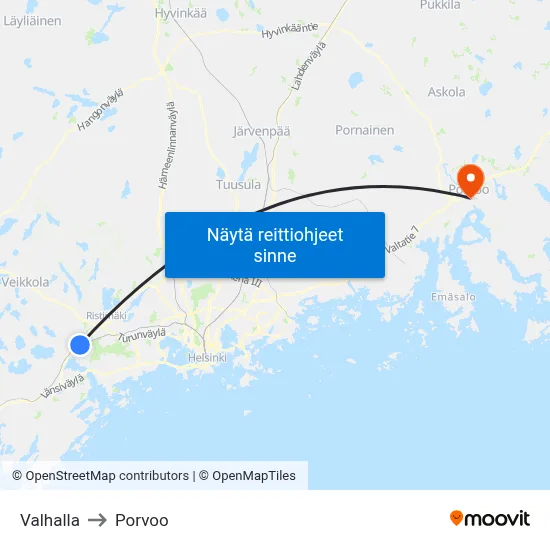 Valhalla to Porvoo map