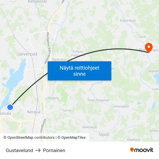 Gustavelund to Pornainen map