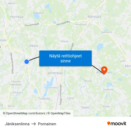 Jäniksenlinna to Pornainen map