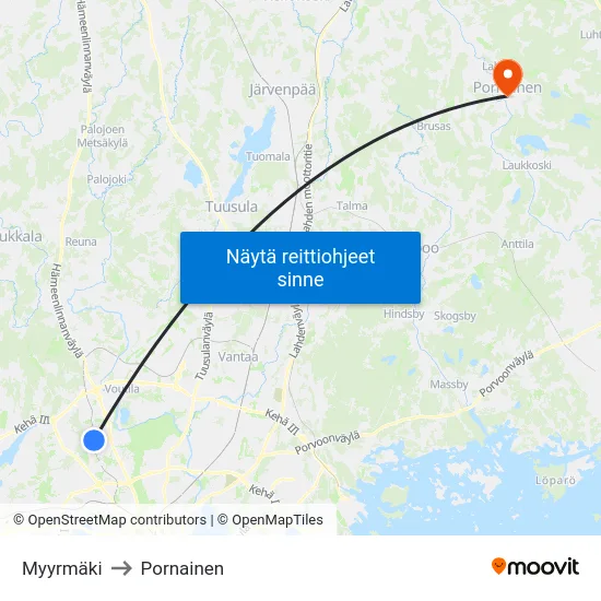 Myyrmäki to Pornainen map