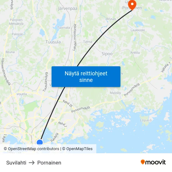 Suvilahti to Pornainen map