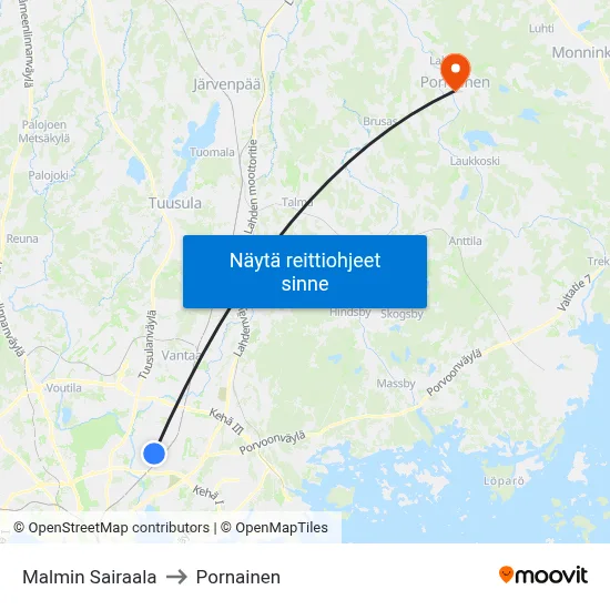 Malmin Sairaala to Pornainen map