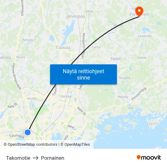 Takomotie to Pornainen map