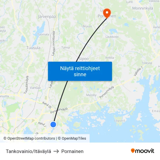 Tankovainio/Itäväylä to Pornainen map