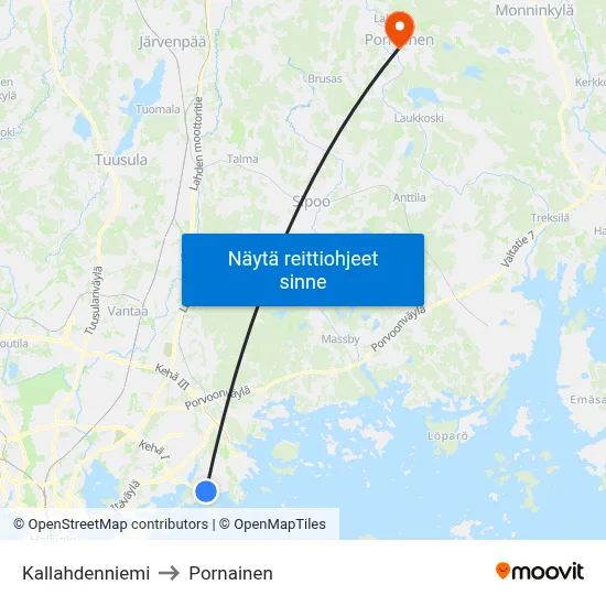 Kallahdenniemi to Pornainen map