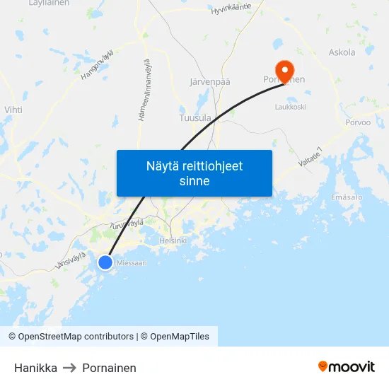 Hanikka to Pornainen map