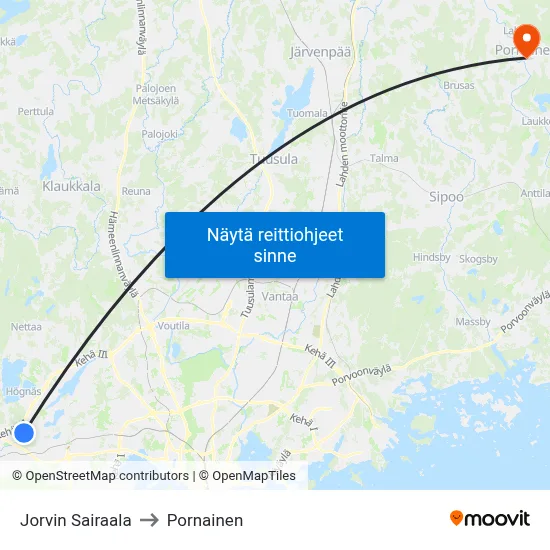 Jorvin Sairaala to Pornainen map