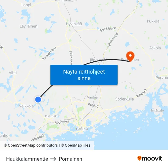 Haukkalammentie to Pornainen map