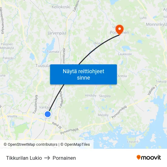 Tikkurilan Lukio to Pornainen map