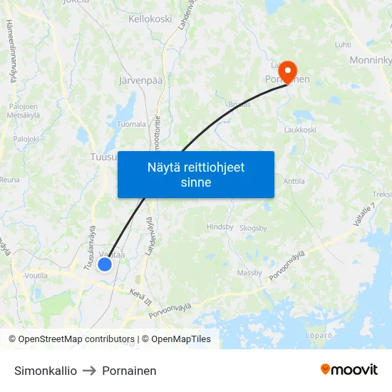 Simonkallio to Pornainen map
