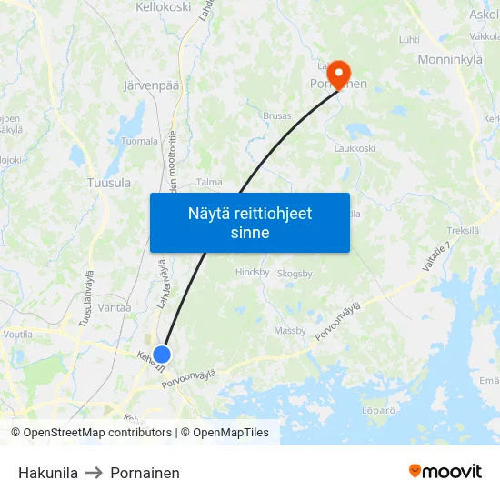 Hakunila to Pornainen map