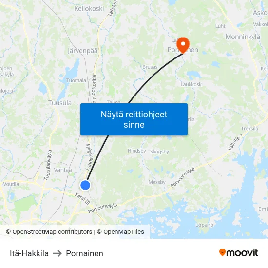 Itä-Hakkila to Pornainen map