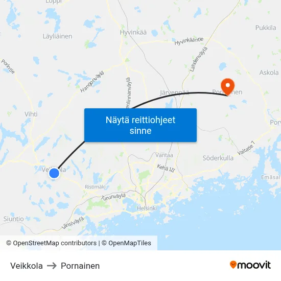 Veikkola to Pornainen map