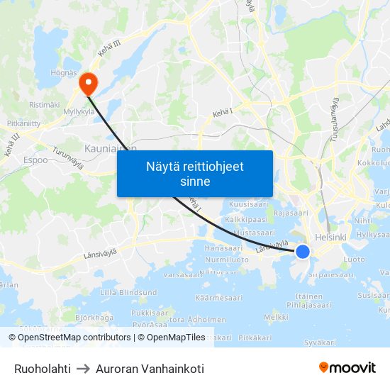 Ruoholahti to Auroran Vanhainkoti map