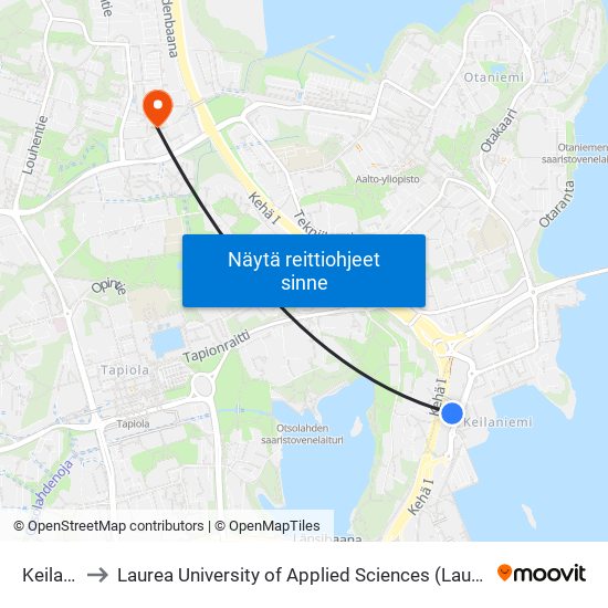 Keilaniemi to Laurea University of Applied Sciences (Laurea-ammattikorkeakoulu) map