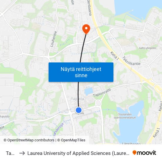 Tapiola to Laurea University of Applied Sciences (Laurea-ammattikorkeakoulu) map