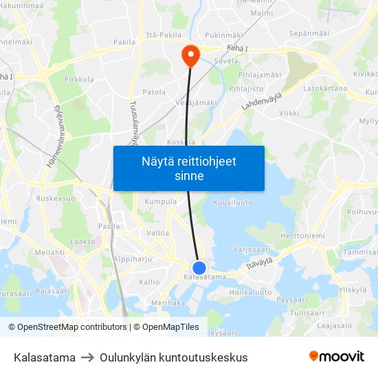 Kalasatama to Oulunkylän kuntoutuskeskus map