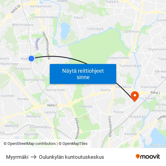 Myyrmäki to Oulunkylän kuntoutuskeskus map