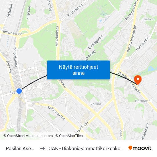 Pasilan Asema to DIAK - Diakonia-ammattikorkeakoulu map