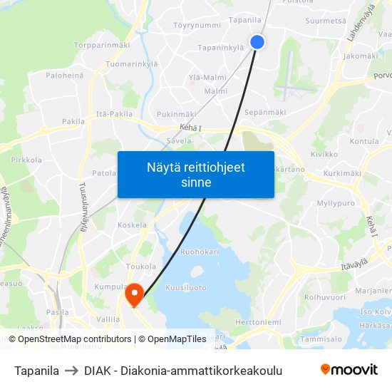 Tapanila to DIAK - Diakonia-ammattikorkeakoulu map