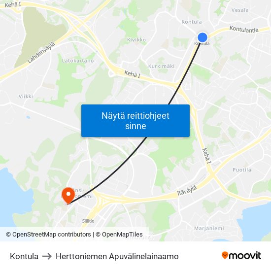 Kontula to Herttoniemen Apuvälinelainaamo map