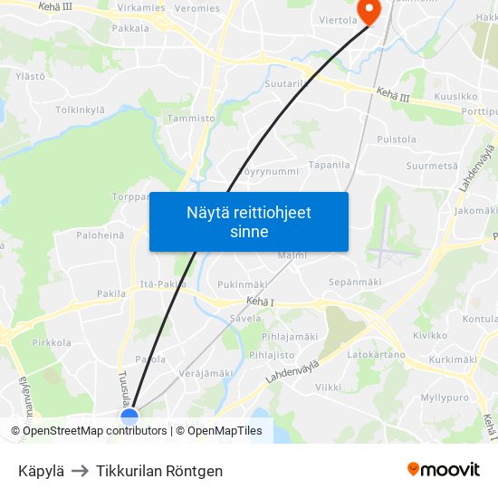 Käpylä to Tikkurilan Röntgen map