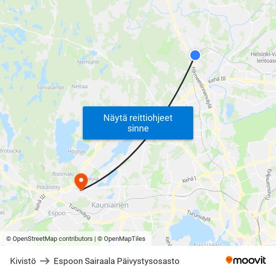 Kivistö to Espoon Sairaala Päivystysosasto map