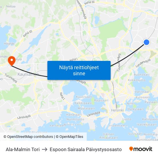 Ala-Malmin Tori to Espoon Sairaala Päivystysosasto map