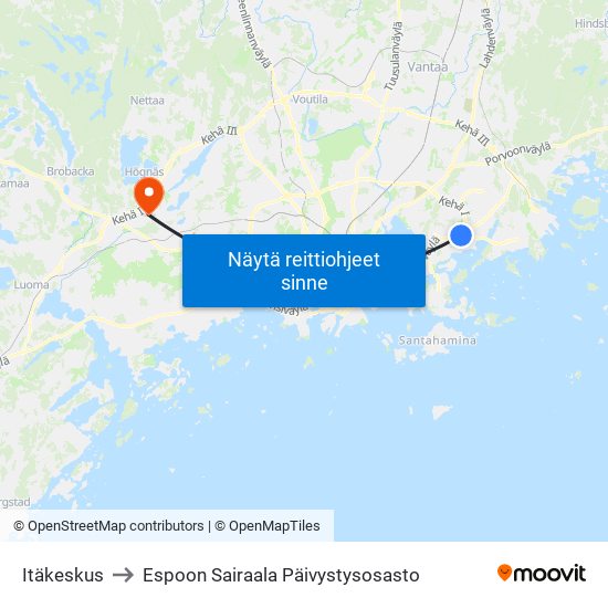 Itäkeskus to Espoon Sairaala Päivystysosasto map