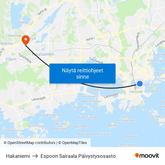 Hakaniemi to Espoon Sairaala Päivystysosasto map