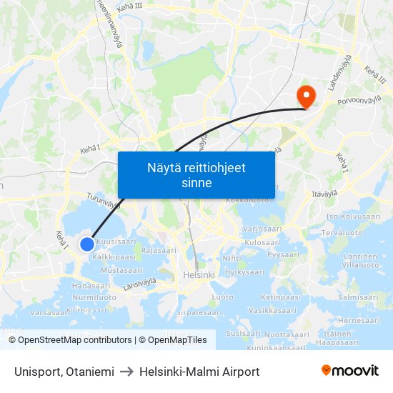 Unisport, Otaniemi to Helsinki-Malmi Airport map