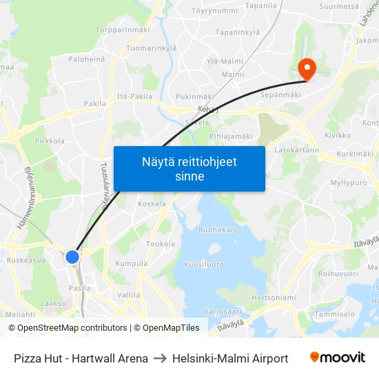 Pizza Hut - Hartwall Arena to Helsinki-Malmi Airport map