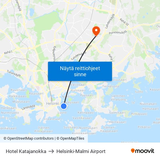 Hotel Katajanokka to Helsinki-Malmi Airport map