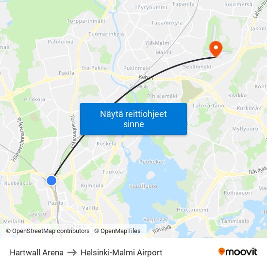 Hartwall Arena to Helsinki-Malmi Airport map