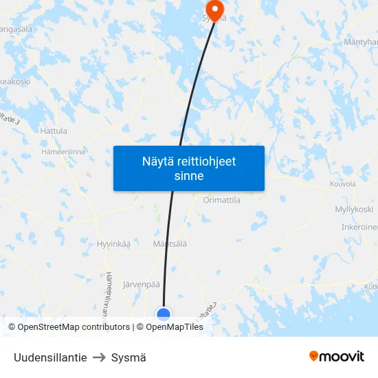 Uudensillantie to Sysmä map