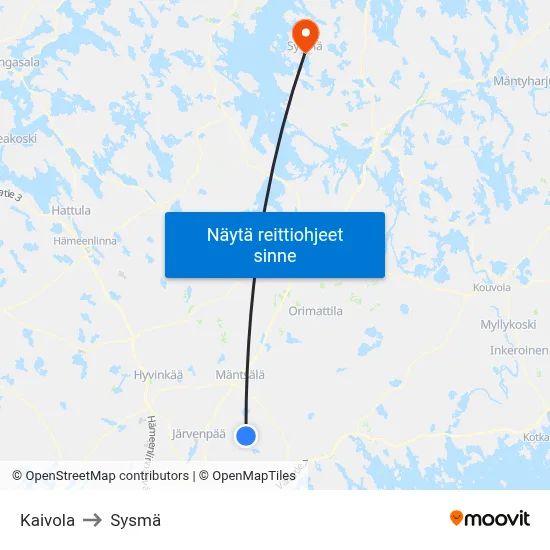 Kaivola to Sysmä map