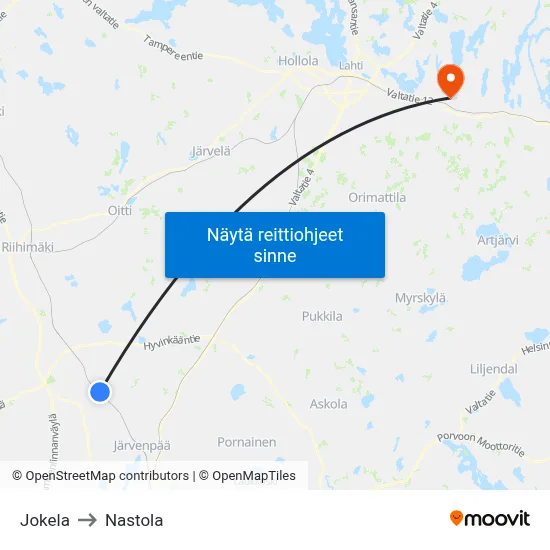 Jokela to Nastola map