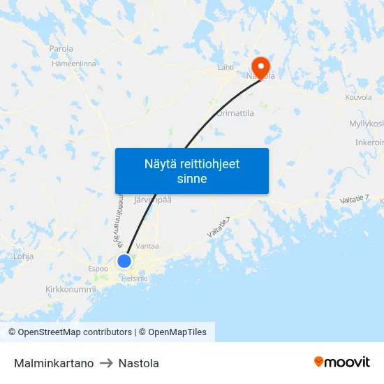 Malminkartano to Nastola map