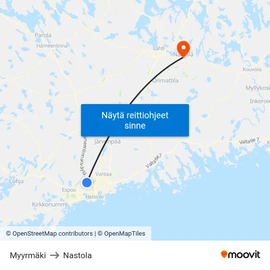 Myyrmäki to Nastola map