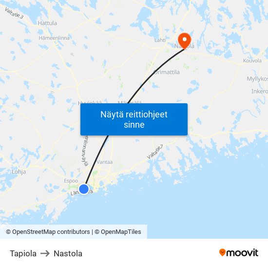 Tapiola to Nastola map