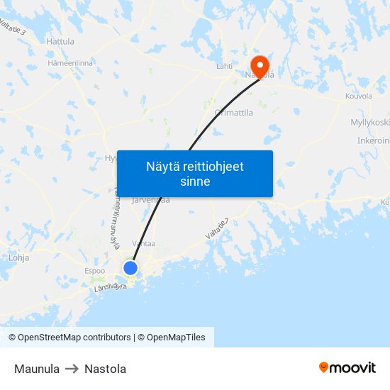 Maunula to Nastola map