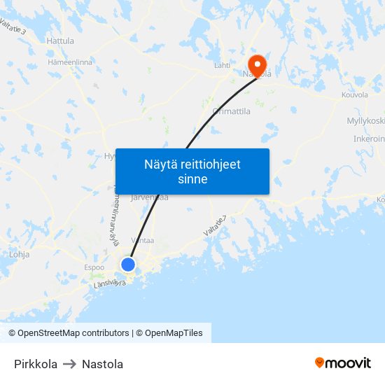 Pirkkola to Nastola map