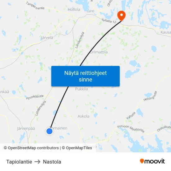 Tapiolantie to Nastola map