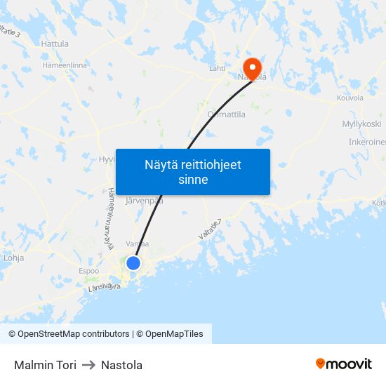 Malmin Tori to Nastola map