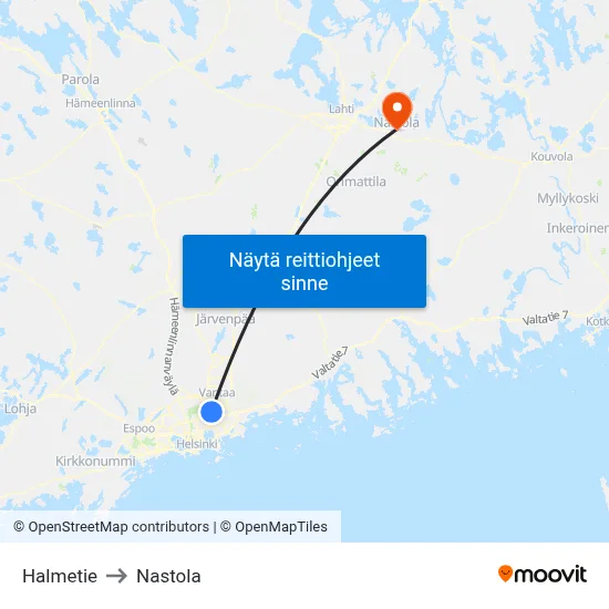 Halmetie to Nastola map