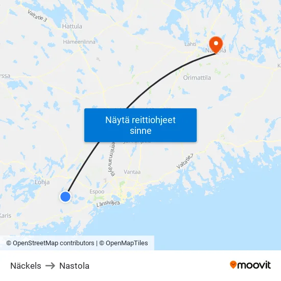 Näckels to Nastola map